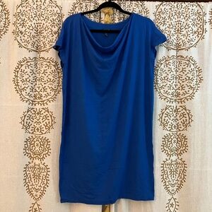Eileen Fisher Petite Medium PM Blue Drape Front Cap Sleeve Tunic Dress Jersey